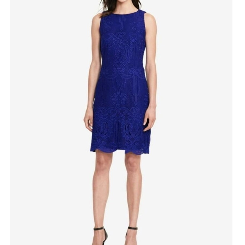 NWT Lauren By Ralph Lauren Women's Lace Sheath Dress, Cannes Blue